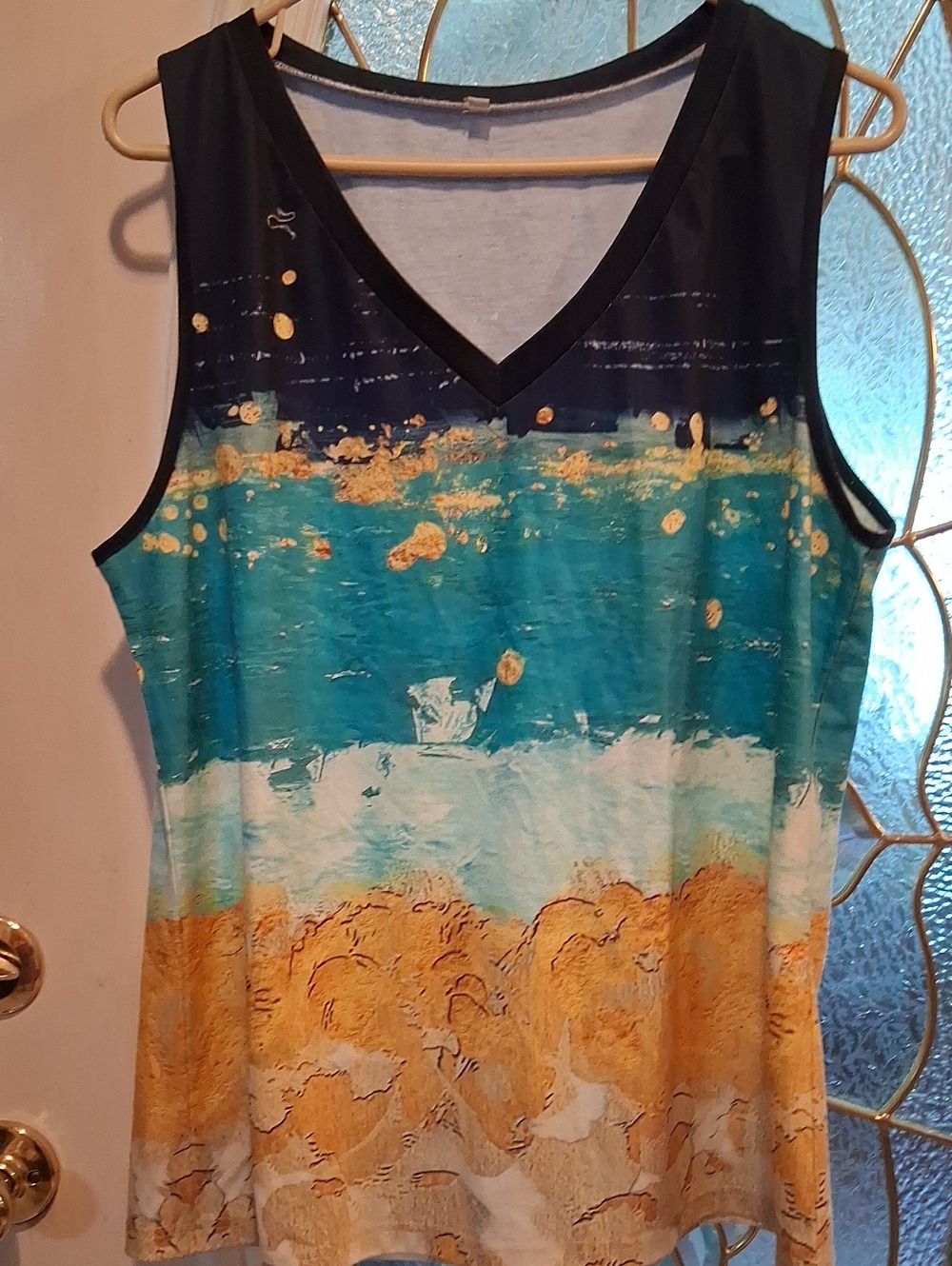 Sleeveless V-Neck Beach Print Tank Top - Teal & Gold Vincent Van Gogh S